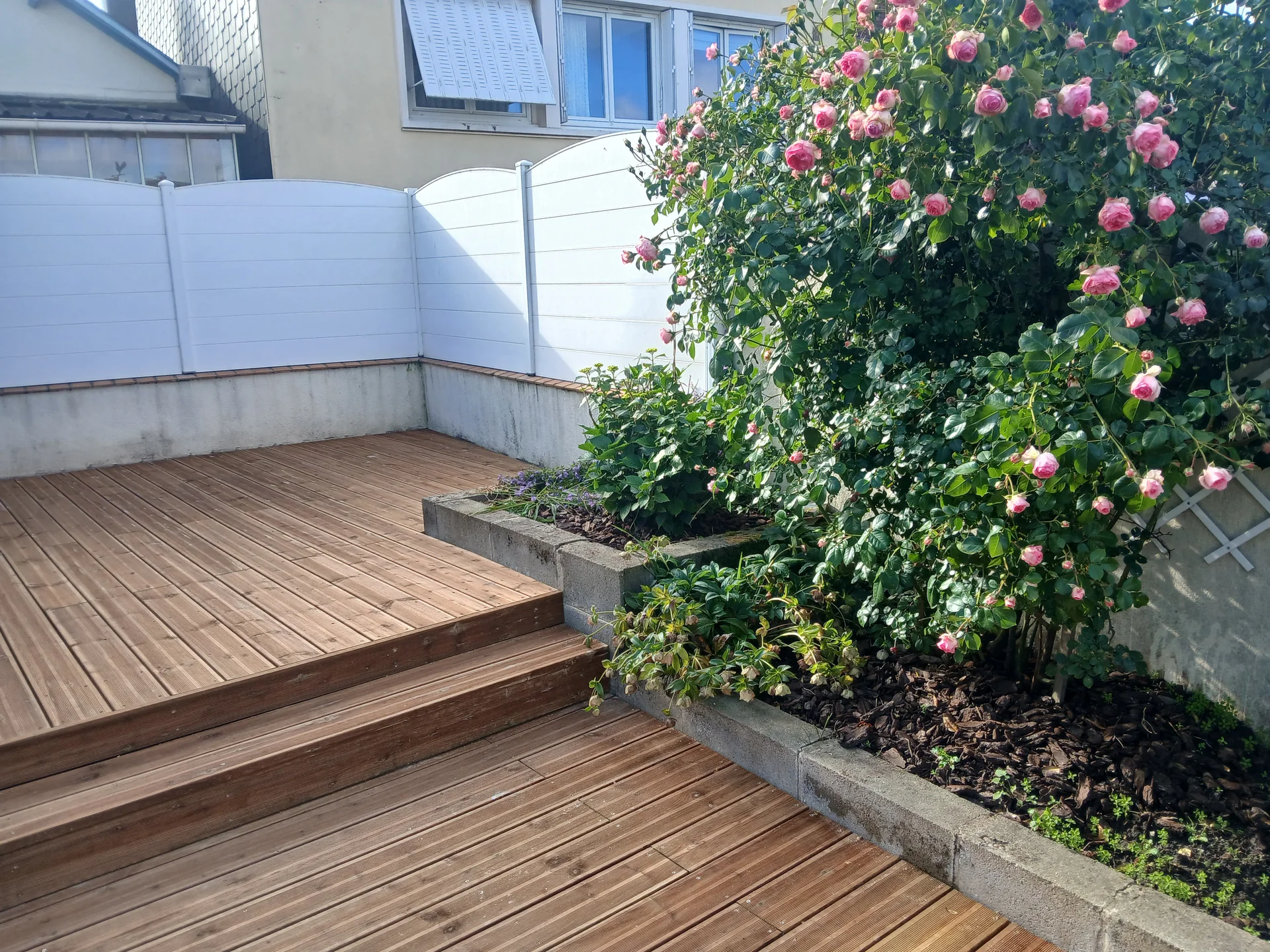 Détail des marches d’une terrasse en bois bordée de rosiers
